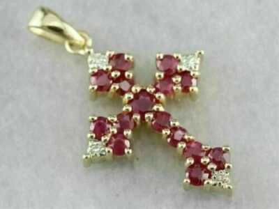 14k Yellow Gold Plated 2.00 Ct Round Simulated Red Ruby & Diamond Cross Pendant - Image 1 of 3