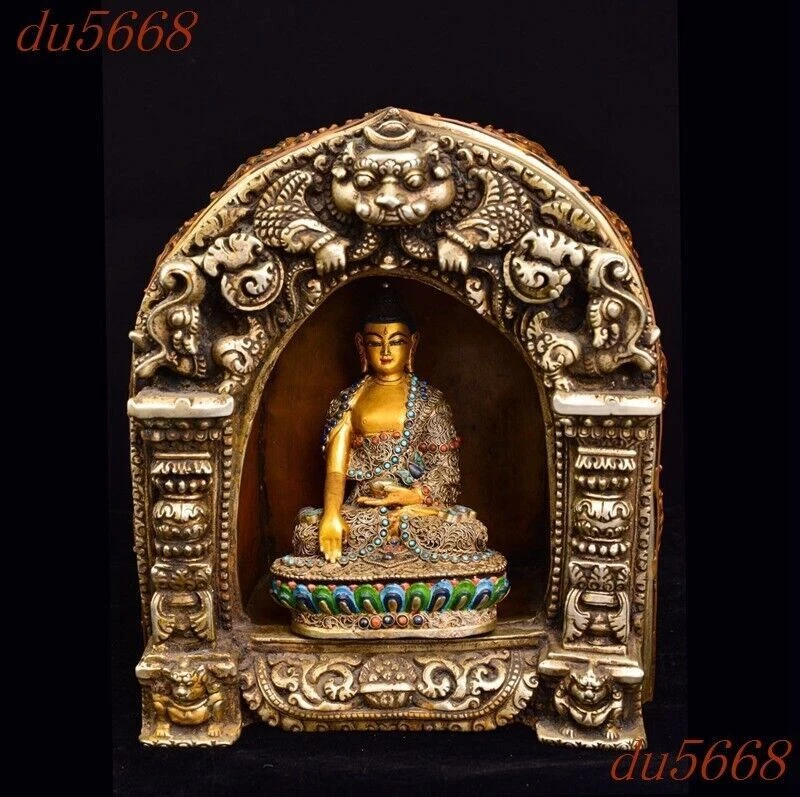 10" Tibetano púrpura cobre incrustación gema Sakyamuni Shakya Mani altares budistas estatua Foto 1 de 4