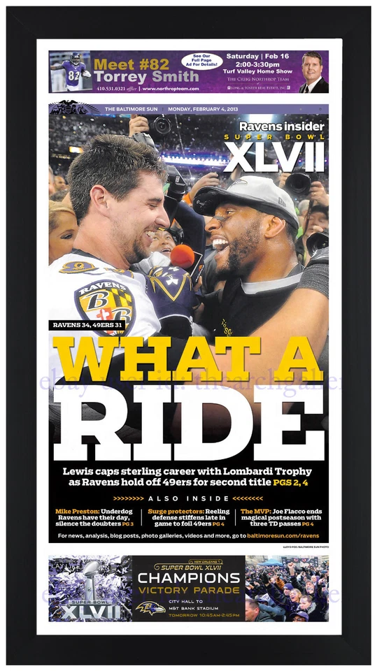 Baltimore Ravens Super Bowl Champions 2013 ¡Impresión de periódico enmarcada! 2/4 B Foto 1 de 1