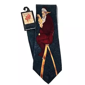 Cravatta vintage Norman Rockwell Art Natale seta verde 1994 Babbo Natale scala mappa nuova - Foto 1 di 11
