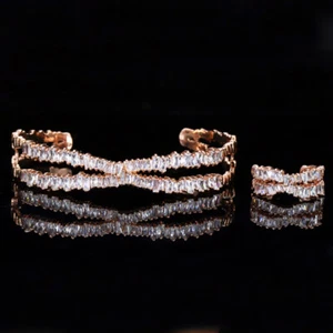 585 Rose Gold CZ X Shape Adjustable Cross Open Ring Bracelet Bangle Jewelry Set - Afbeelding 1 van 23