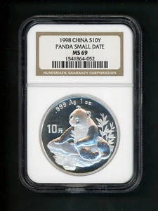 China PRC People's Republic 1 oz 1998 Silver 10Y Yuan Panda Small Date NGC MS 69 - Picture 1 of 4