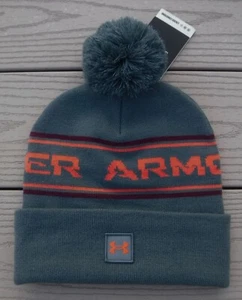 NWT UNDER ARMOUR Mens "HalfTime Pom" Knit Beanie Hat-OSFM Ret@$28 GRAY/ORANGE - Picture 1 of 4