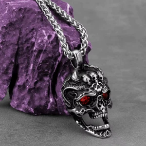 Silver Dark Metal Skull Pendant Necklace – Red Gemstone Eyes & Gold Skull Detail - Picture 1 of 2