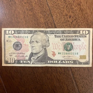 Fancy Serials Numbers Trinary Triple $10 2013 MK(22888333)B - Picture 1 of 5