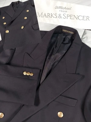 Marks And Spencer Blazer 42R Черный Двубортный Золотой Пуговица Современный Fit M&S  - Изображение 1 из 4