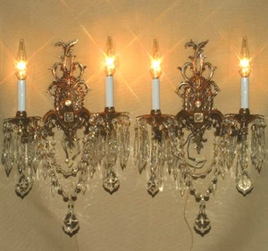 Par Aplique Lámpara Vintage Bronce Latón Cristal ROCOCO España Francesa Antiguo - Imagen 1 de 5
