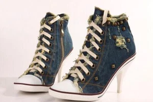 Women Canvas Shoes hole Denim High Heels Rivets Shoes hot Shoe Sneakers Pumps - Picture 1 of 19