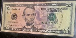 2013 ML 32262626 L unusual fancy serial number FRN $5.00 dollar bill - Picture 1 of 2