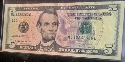 2013 ML 32262626 L unusual fancy serial number FRN  $5.00 dollar bill - Image 1 of 2