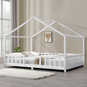 Kinderbett mit Rausfallschutz 120x200cm Haus Holz Weiß Bettenhaus Hausbett Bett