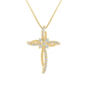 0.10 ct Round VVS1/D Moissanite 14K Yellow Gold Plated Cross Pendant Mothers Day - Picture 1 of 1
