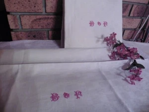 11 ANTIQUE PURE LINEN WHITE MONO BP RED NAPKINS 65 X 72 CM - Picture 1 of 8