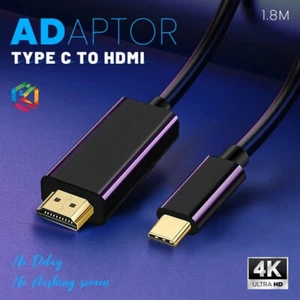 1.8m USB Type-C 3.1 to HDMI Cord Cable Adapter PD 4K Macbook Chromebook Laptop - Picture 1 of 9