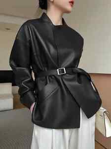 Real Leather Coat Women Spring Autumn Black Leather Jacket with Sashes Outwear