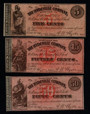 1862 5c, 15c, 50c SET Hydeville, VT Beautiful AU+/UNC Obsolete Notes! - Image 1 of 2