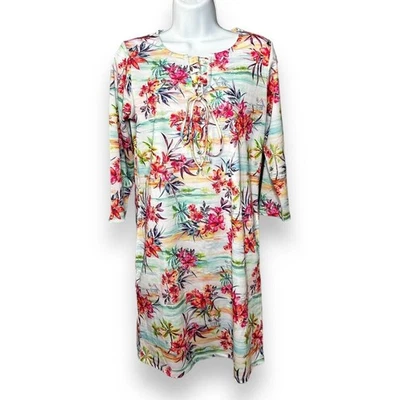 Caribbean Joe Floral Lace-Up Swim Cover Up Dress Tropical Floral Pullover Small - Image 1 of 4