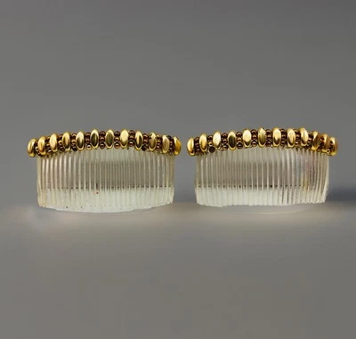 Vintage Gold Tone Flat Beaded Hair Comb Set Of 2 Black 4” Wide - Image 1 of 4