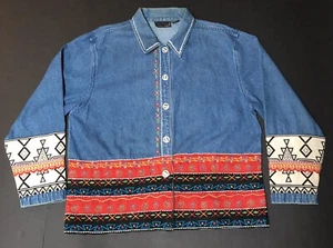 Vintage Life Style Aztek Western Denim Jean Chore Jacket Coat Womens Lg G45 - Picture 1 of 8