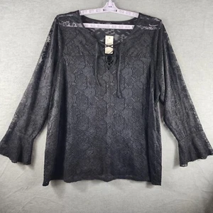 NWT LANE BRYANT Women Lace Pullover Tunic Top 22/24 Black Lined Lace-Up V-Neck - Picture 1 of 19