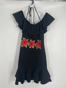 PAULINA black ruffled NWT dress sz L off shoulder neck tie embroidered roses FUN - Picture 1 of 10