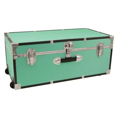 Teal Storage Trunk Wheeled Wooden Footlocker Chest Luggage College Dorm Box 30" - Image 1 of 3