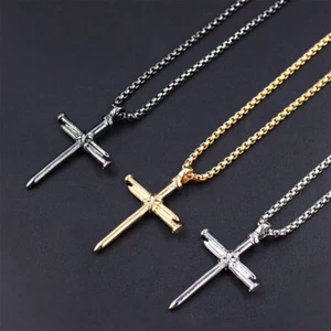 Men Black Gold Silver Stainless Steel Nail Cross Pendant Necklace Chain 24inch - Picture 1 of 14
