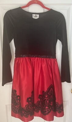 Vestido para niña grande Rare Editions talla 14 negro terciopelo y rojo satinado floral Foto 1 de 3
