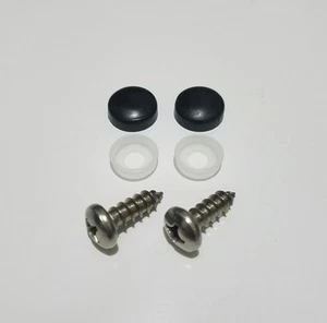 (2) License Plate Security Screw Cap Covers WITH STAINLESS SCREWS SMOOTH BLACK - Picture 1 of 2