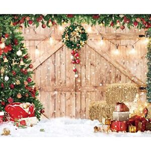 10x8ft Soft Fabric Rustic Christmas Barn Wood Door Backdrop for 10ft by 8ft