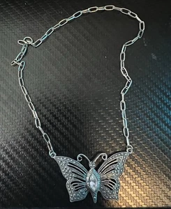 Vintage Sterling Silver Marquise Center Diamond Butterfly Pendant Necklace 14" - Picture 1 of 6