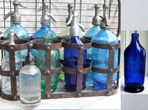 ANTIKER KLEINER SIPHON aus DUNKELBLAUEM GLAS - SEHR SELTEN mit ABRISS - Bild 1 von 7