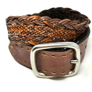 VINTAGE LUCKY BRAND BROWN TAN WOVEN LEATHER BELT OVERSIZE SILVER BUCKLE WOMEN L - Picture 1 of 14