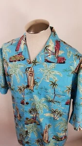 Hilo Hattie Mens Aloha Tower Woodie Car  Hawaiian Shirt  Size Large Palm Trees  - Picture 1 of 9