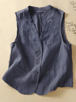 Linen Vest Casual Loose V Neck Sleeveless Jacket Waistcoat Womens Retro Fashion - Image 1 of 4