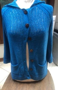 Chico's Damen Strickjacke blau Knopfleiste Gr. 1 Kapuze Strickpullover mit Taschen - Bild 1 von 8