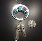 Vintage NAVAJO Sterling Silver & Turquoise Cornrow Inlay PENDANT + 20" Chain