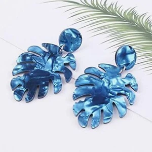 Blau Acryl Acetat Harz Monstera Blatt Boho tropische Palme Ohrhänger NEU - Bild 1 von 7