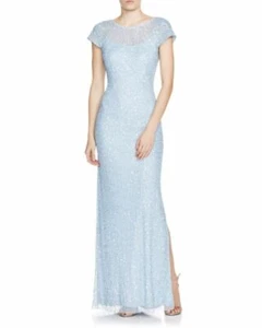AIDAN MATTOX ~ Pale Blue Mesh Sequin Cowl Back Shift Leg Slit Gown 4 NEW $395 - Picture 1 of 5