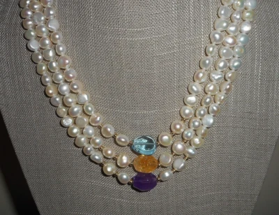 3 Strand Pearl Necklace w Topaz Citrine Amethyst Accent Beads & 14K Y Gold Clasp - Image 1 of 4