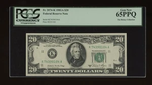 DBR 1981-A $20 FRN Dallas Gem Fr. 2074-K PCGS 65 PPQ Serial K74390104A - Picture 1 of 2