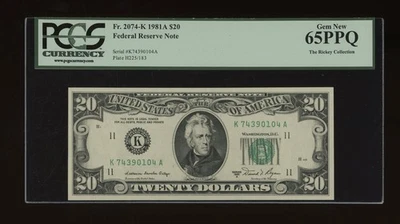 DBR 1981-A $20 FRN Dallas Gem Fr. 2074-K PCGS 65 PPQ Serial K74390104A - Image 1 of 2