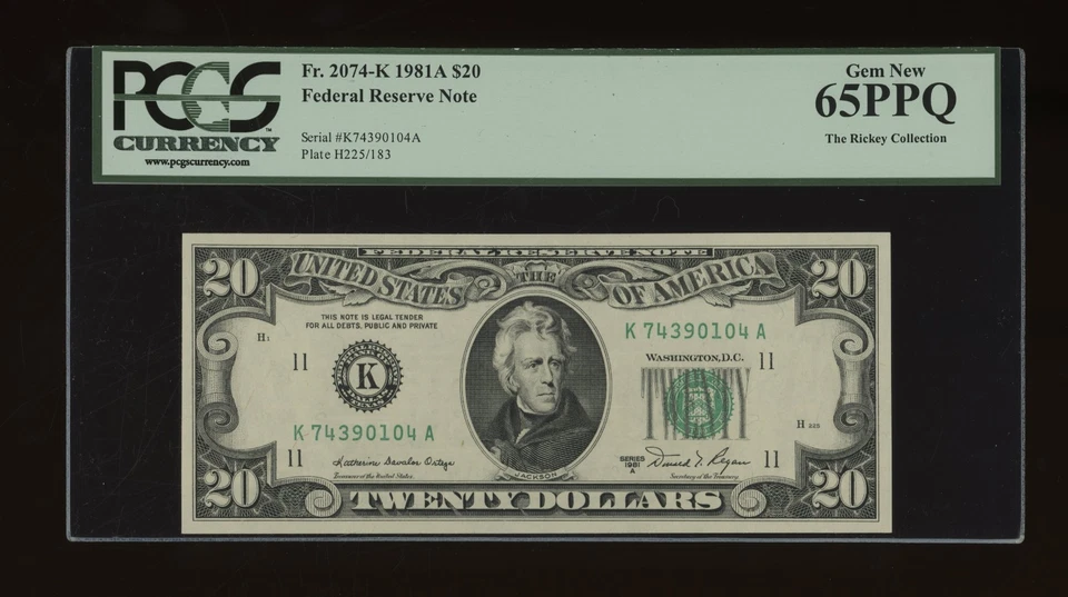 DBR 1981-A $20 FRN Dallas Gem Fr. 2074-K PCGS 65 PPQ Serial K74390104A - Image 1 of 2