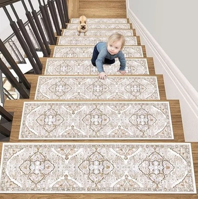 15 PCS Non-Slip Stair Treads Rubber Backing Stair-Runners, 8” x 30” Beige - Image 1 of 4