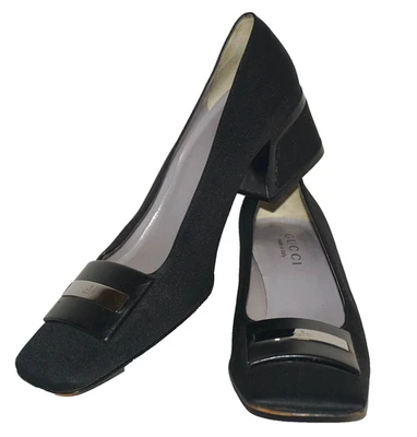 GUCCI Black Textile & Leather Square-Toe Pumps US 8.5B ITALY - Image 1 of 4