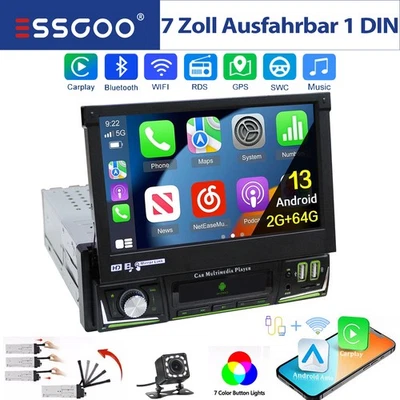 2+64G CarPlay 1 DIN 7 Zoll Autoradio mit Ausfahrbarem Display Bluetooth GPS KAM - Bild 1 von 4