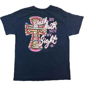 Girlie Girl Originals Walk By Faith Leopard Cross Graphic Blue T-Shirt Women’s L - Picture 1 of 13