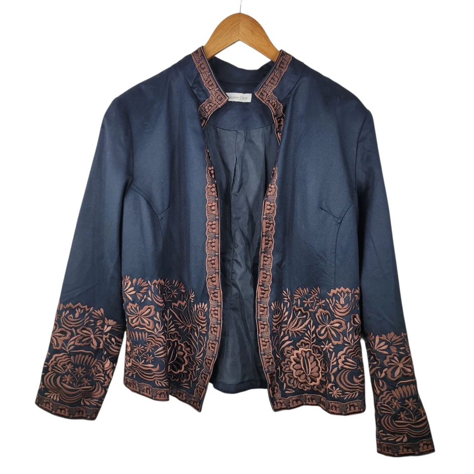 Coldwater Creek Talla 16 Boho Floral Bordado Chaqueta Blazer Vaquera Negro Tostado Foto 1 de 4