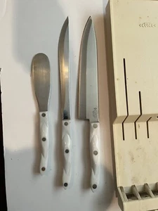 Vintage Set of 3 Cutco White Pearl Handle Knives & Slot Holder Butcher Chef - Picture 1 of 5