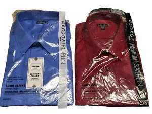2X GEORGE Long Sleeve Men Dress Shirt 2XL BLUE RED Poplin Sateen 18-18.5 X 34-35 - Picture 1 of 5